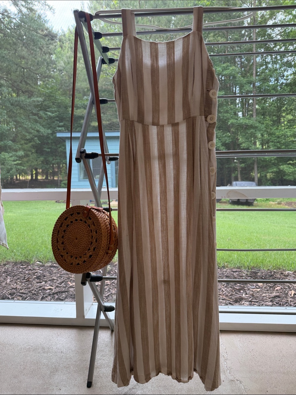 Mango Beige and Cream Striped classic shoulder strap Maxi Dress